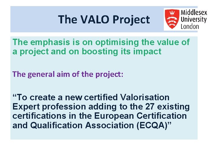 The VALO Project The emphasis is on optimising the value of a project and The VALO Project The emphasis is on optimising the value of a project and