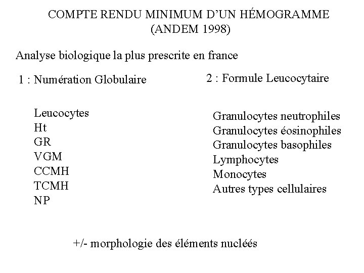 COMPTE RENDU MINIMUM D’UN HÉMOGRAMME (ANDEM 1998) Analyse biologique la plus prescrite en france