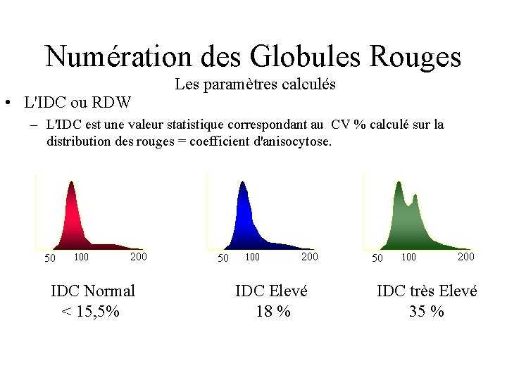 Numération des Globules Rouges • L'IDC ou RDW Les paramètres calculés – L'IDC est