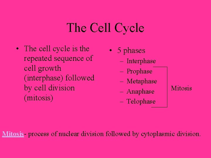 The Cell Cycle • The cell cycle is the repeated sequence of cell growth