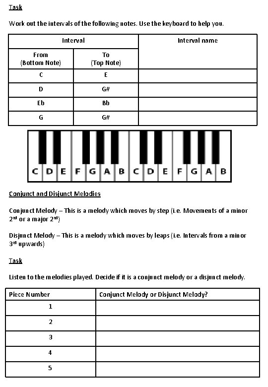 Task Work out the intervals of the following notes. Use the keyboard to help