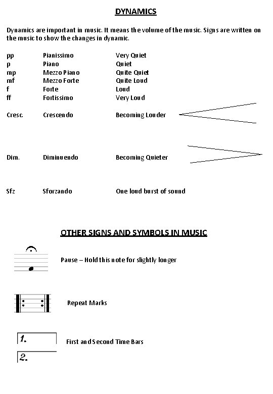 DYNAMICS Dynamics are important in music. It means the volume of the music. Signs