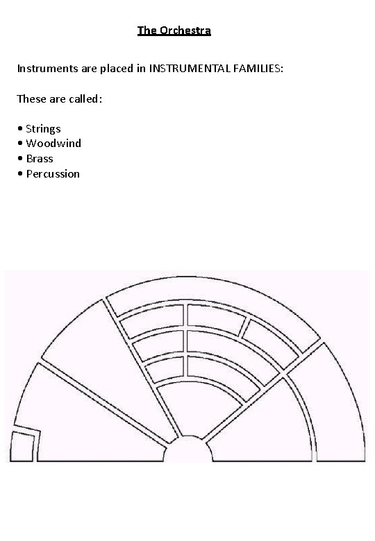 The Orchestra Instruments are placed in INSTRUMENTAL FAMILIES: These are called: • Strings •