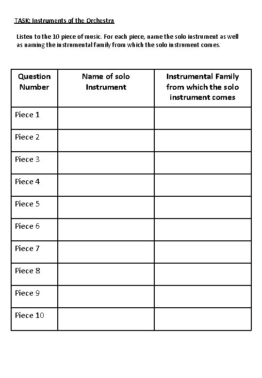 TASK: Instruments of the Orchestra Listen to the 10 piece of music. For each