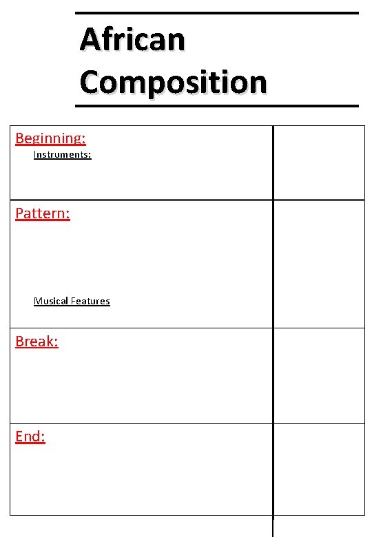 African Composition Beginning: Instruments: Pattern: Musical Features Break: End: 