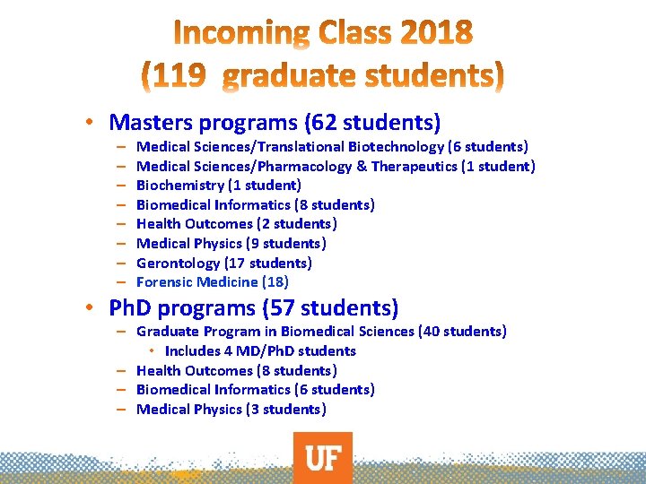  • Masters programs (62 students) – – – – Medical Sciences/Translational Biotechnology (6