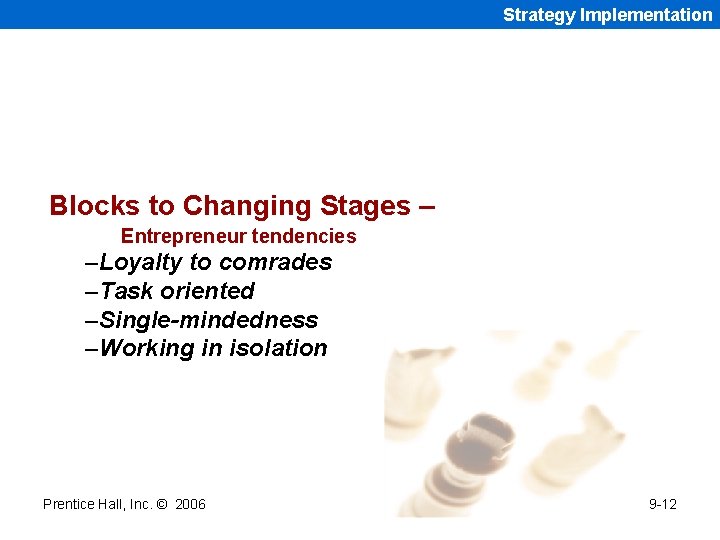 Strategy Implementation Blocks to Changing Stages – Entrepreneur tendencies –Loyalty to comrades –Task oriented