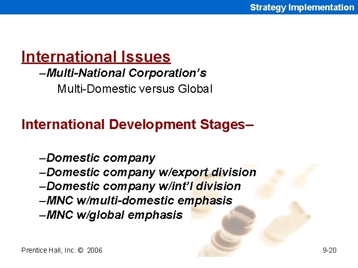 Strategy Implementation International Issues –Multi-National Corporation’s Multi-Domestic versus Global International Development Stages– –Domestic company