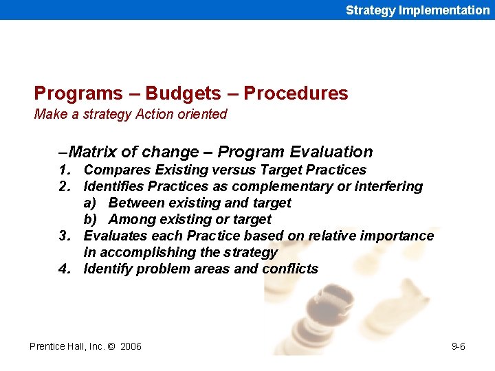 Strategy Implementation Programs – Budgets – Procedures Make a strategy Action oriented –Matrix of