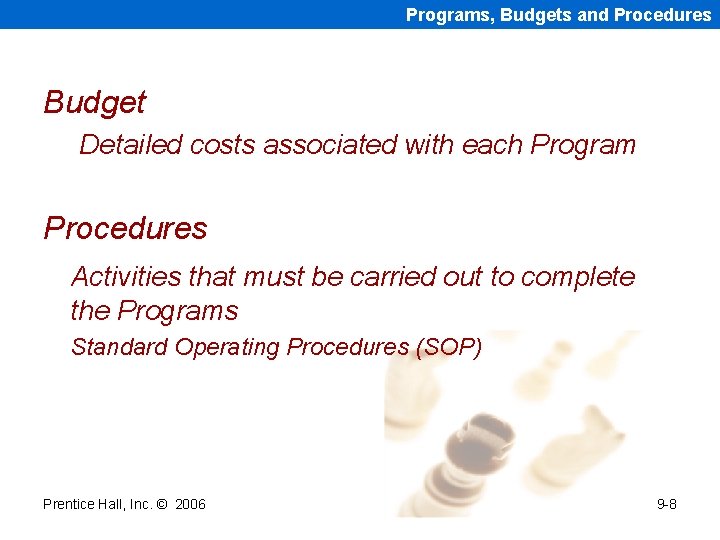 Programs, Budgets and Procedures Budget Detailed costs associated with each Program Procedures Activities that
