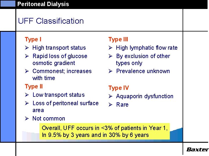 Peritoneal Dialysis UFF Classification Type I Ø High transport status Ø Rapid loss of