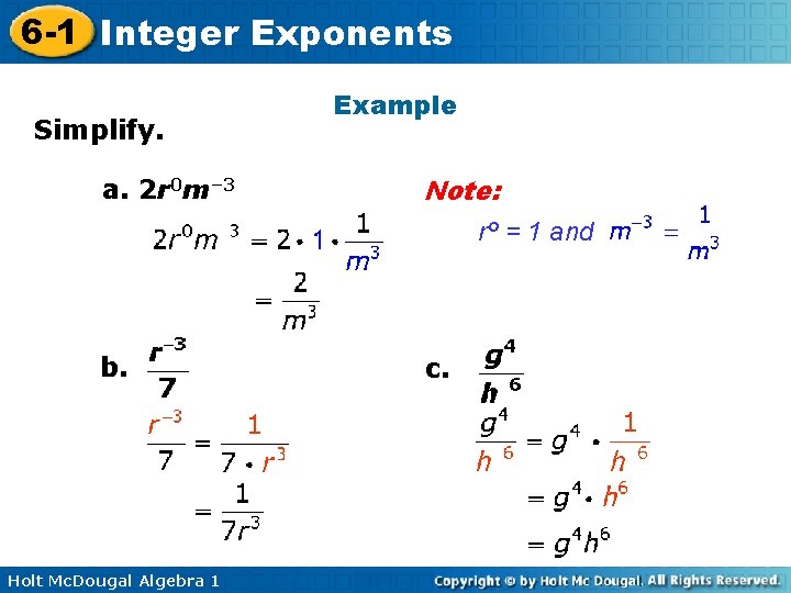 6 -1 Integer Exponents Simplify. a. 2 r 0 m– 3 Example Note: rº