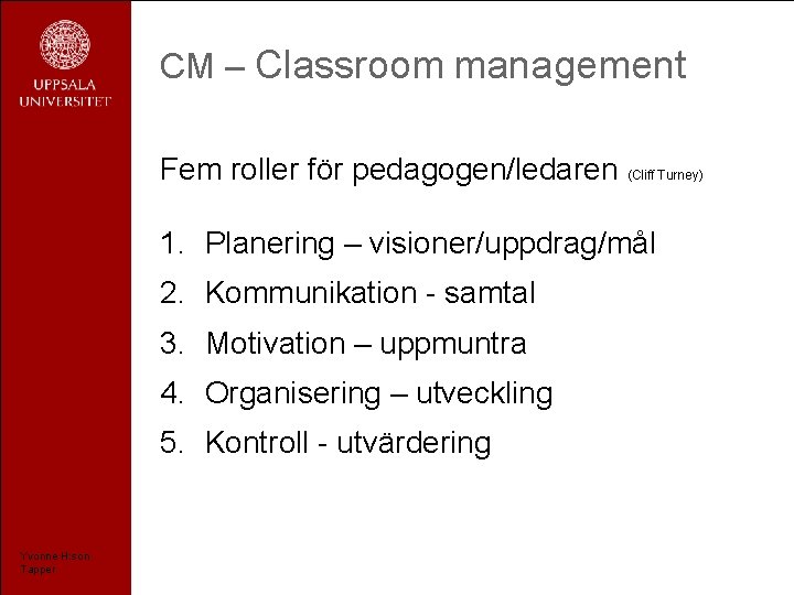 CM – Classroom management Fem roller för pedagogen/ledaren (Cliff Turney) 1. Planering – visioner/uppdrag/mål