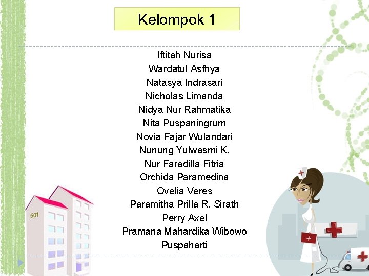 Kelompok 1 Iftitah Nurisa Wardatul Asfhya Natasya Indrasari Nicholas Limanda Nidya Nur Rahmatika Nita