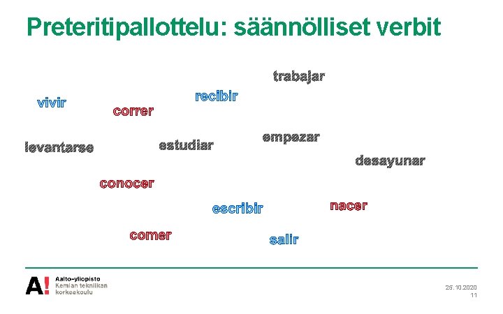 Preteritipallottelu: säännölliset verbit trabajar levantarse estudiar empezar desayunar 25. 10. 2020 11 