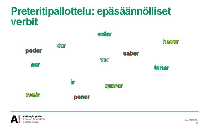 Preteritipallottelu: epäsäännölliset verbit estar poder hacer dar ver ser tener ir venir saber querer