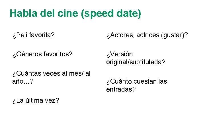 Habla del cine (speed date) ¿Peli favorita? ¿Actores, actrices (gustar)? ¿Géneros favoritos? ¿Versión original/subtitulada?
