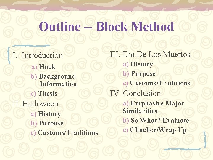 Outline -- Block Method I. Introduction a) Hook b) Background Information c) Thesis II.