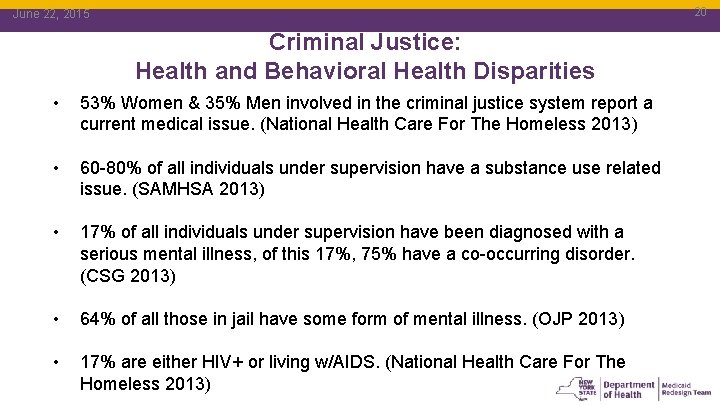 20 June 22, 2015 20 Criminal Justice: Health and Behavioral Health Disparities • 53%