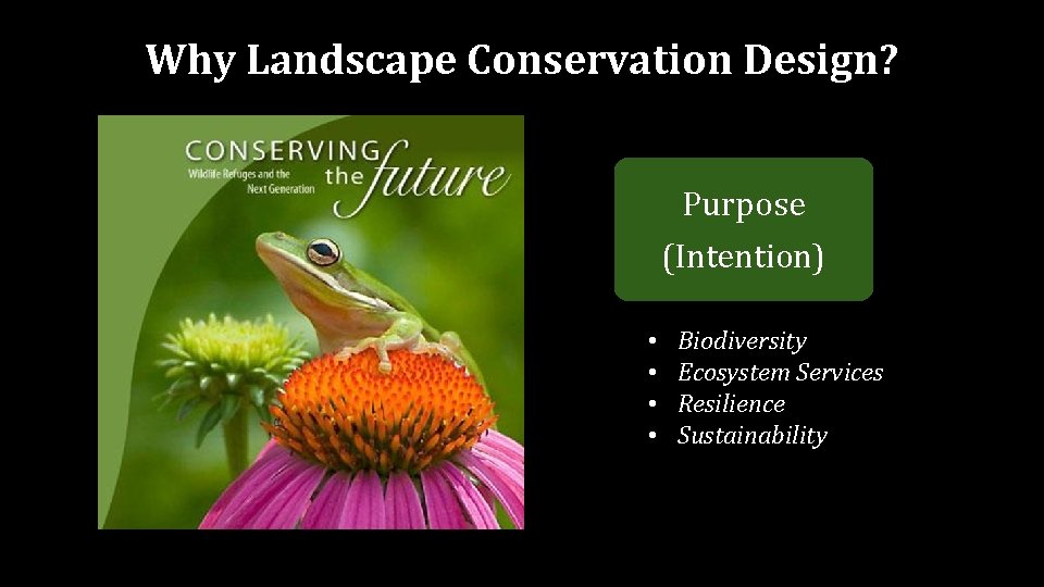 Why Landscape Conservation Design? Purpose (Intention) • • Biodiversity Ecosystem Services Resilience Sustainability 