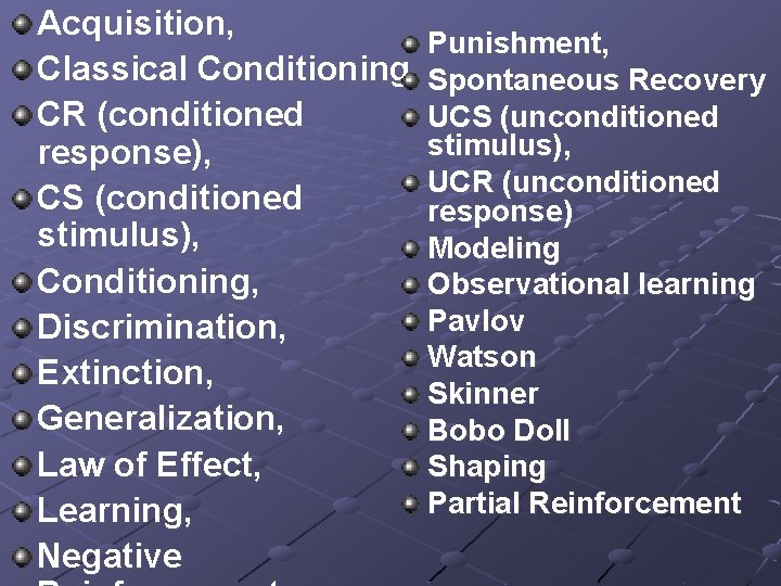 Acquisition, Punishment, Classical Conditioning, Spontaneous Recovery CR (conditioned UCS (unconditioned stimulus), response), UCR (unconditioned