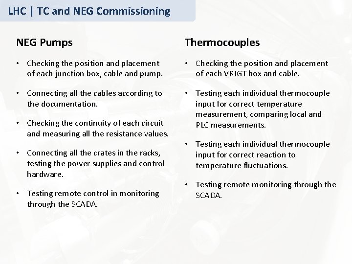 LHC | TC and NEG Commissioning NEG Pumps Thermocouples • Checking the position and