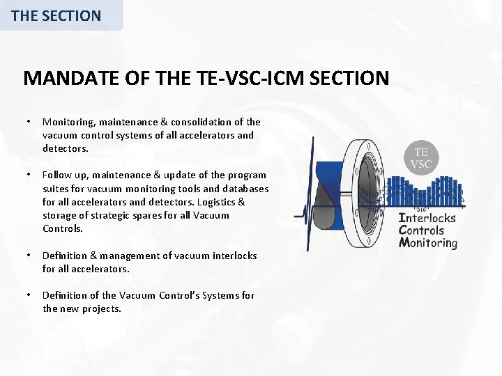 THE SECTION MANDATE OF THE TE-VSC-ICM SECTION • Monitoring, maintenance & consolidation of the