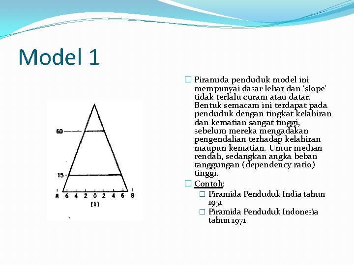 Model 1 � Piramida penduduk model ini mempunyai dasar lebar dan ‘slope’ tidak terlalu