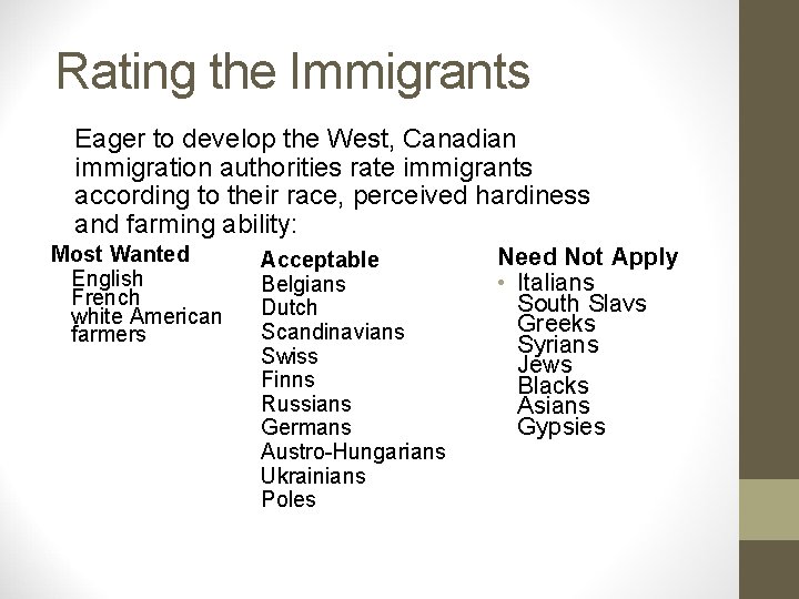 Rating the Immigrants Eager to develop the West, Canadian immigration authorities rate immigrants according