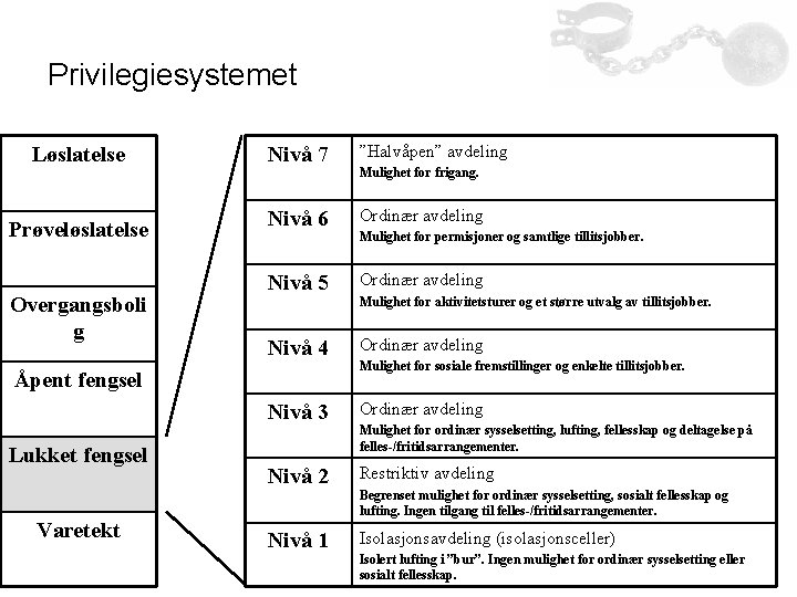 Privilegiesystemet Løslatelse Nivå 7 ”Halvåpen” avdeling Prøveløslatelse Nivå 6 Ordinær avdeling Nivå 5 Ordinær