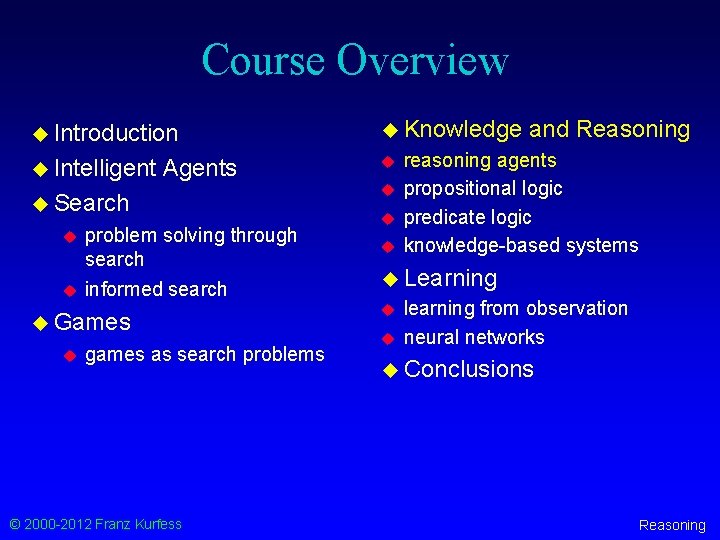Course Overview u Introduction u Knowledge u Intelligent u Agents u Search u u