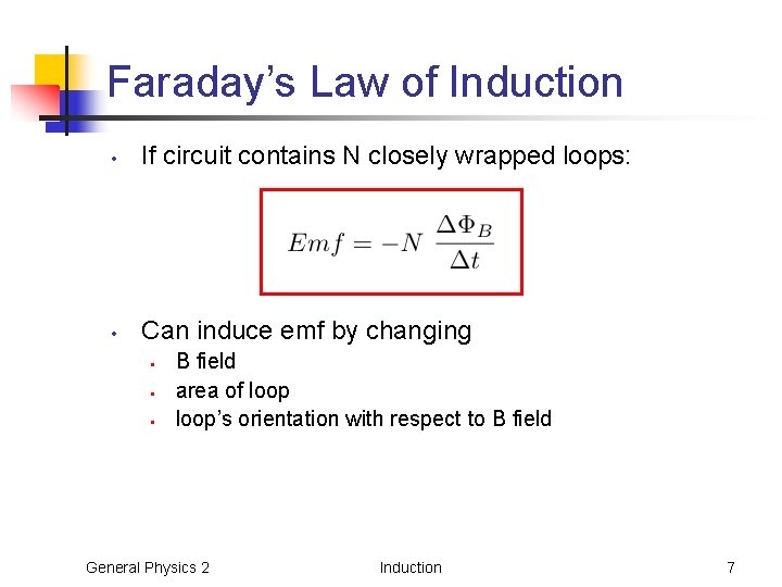 Faraday’s Law of Induction • If circuit contains N closely wrapped loops: • Can Faraday’s Law of Induction • If circuit contains N closely wrapped loops: • Can