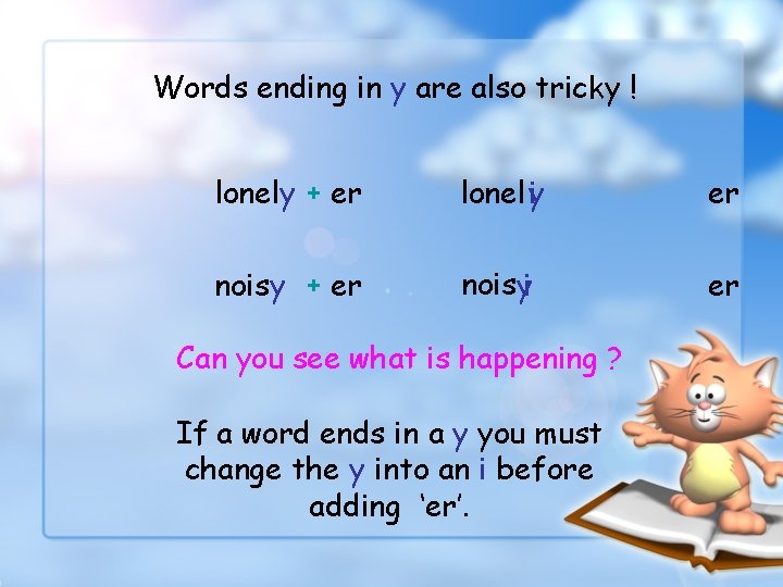 Words ending in y are also tricky ! lonely + er lonel iy er