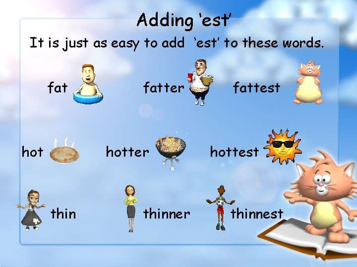 Adding ‘est’ It is just as easy to add ‘est’ to these words. fat