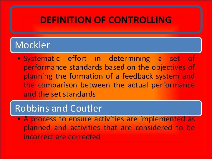 DEFINITION OF CONTROLLING Mockler • Systematic effort in determining a set of performance standards