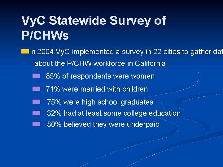 Vy. C Statewide Survey of P/CHWs In 2004, Vy. C implemented a survey in