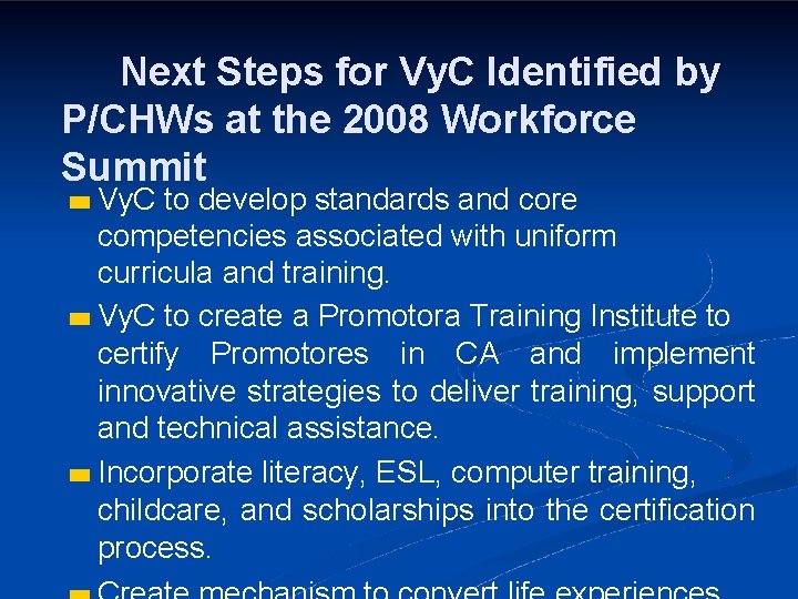 Next Steps for Vy. C Identified by P/CHWs at the 2008 Workforce Summit Vy.