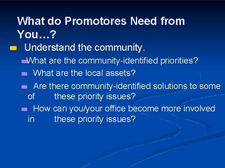 What do Promotores Need from You…? Understand the community. What are the community-identified priorities?