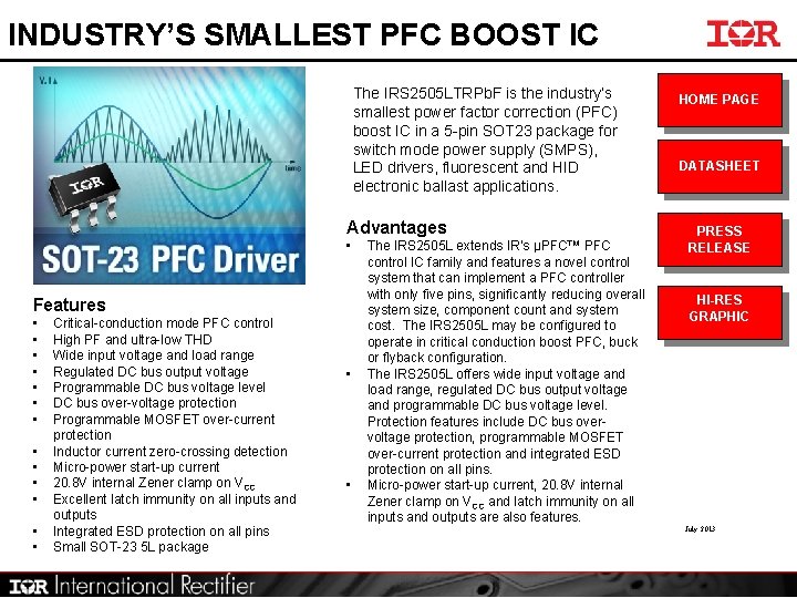 INDUSTRY’S SMALLEST PFC BOOST IC The IRS 2505 LTRPb. F is the industry’s smallest