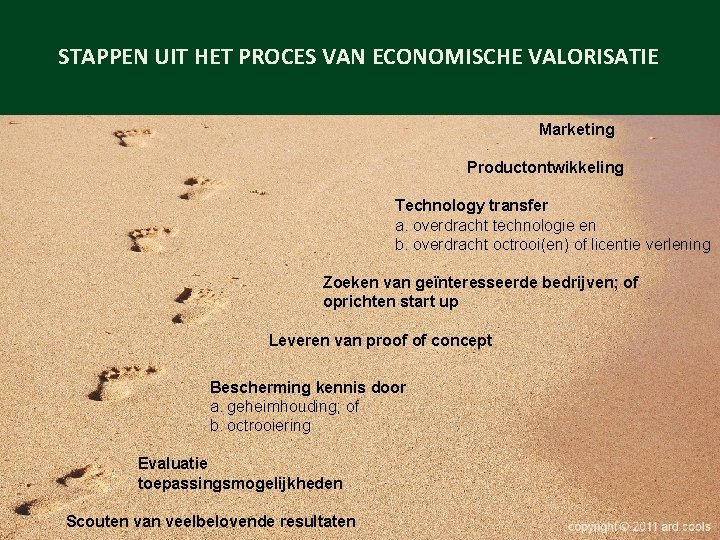 STAPPEN UIT HET PROCES VAN ECONOMISCHE VALORISATIE Marketing Productontwikkeling Technology transfer a. overdracht technologie