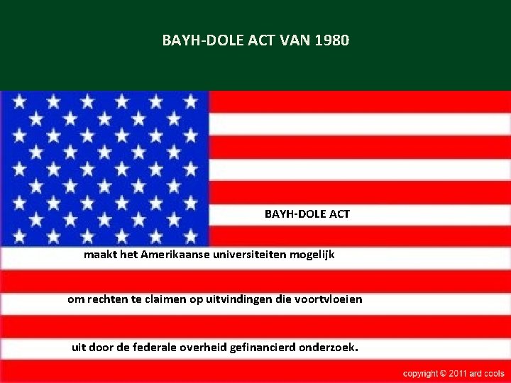 BAYH-DOLE ACT VAN 1980 BAYH-DOLE ACT maakt het Amerikaanse universiteiten mogelijk om rechten te