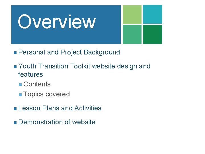 Overview n Personal and Project Background n Youth Transition Toolkit website design and features Overview n Personal and Project Background n Youth Transition Toolkit website design and features