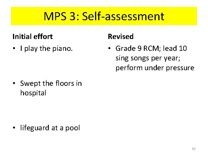 MPS 3: Self-assessment Initial effort • I play the piano. Revised • Grade 9