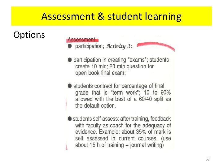 Assessment & student learning Options 58 