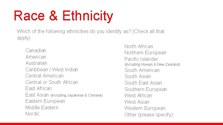 Race & Ethnicity Which of the following ethnicities do you identify as? (Check all