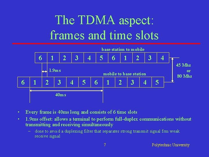 The TDMA aspect: frames and time slots base station to mobile 6 1 2 The TDMA aspect: frames and time slots base station to mobile 6 1 2