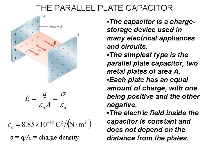 THE PARALLEL PLATE CAPACITOR σ = q/A = charge density • The capacitor is