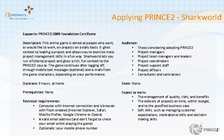 Applying PRINCE 2 - Sharkworld Supports: PRINCE 2: 2009 Foundation Certificate Description: This online