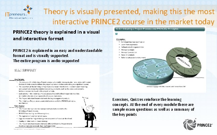 Theory is visually presented, making this the most interactive PRINCE 2 course in the