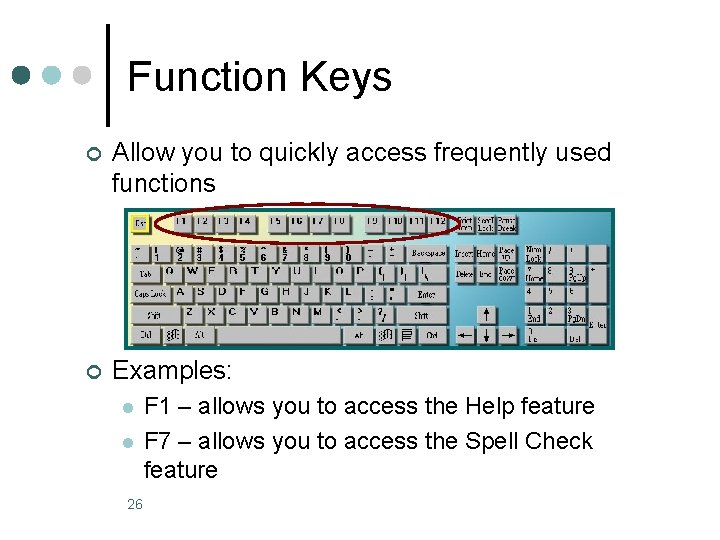 Function Keys ¢ Allow you to quickly access frequently used functions ¢ Examples: l